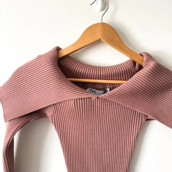 Zara Ribbed Knit Off Shoulder Long Sleeve Mini Dress NWT Mauve  Size Small - Picture 4 of 7